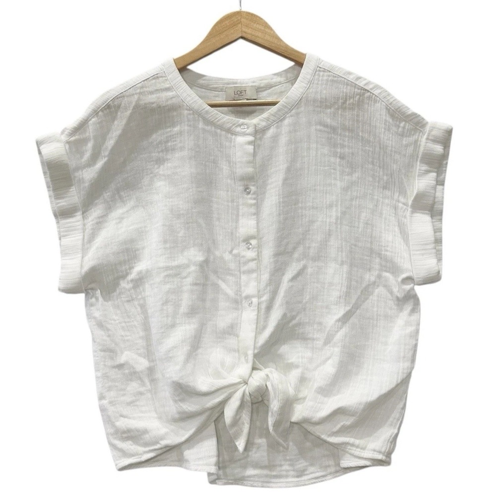Loft XL White Gauzy‎ Crinkle Cotton Tie Front Blouse Top Boho Peasant Fairy